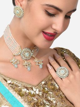 Zaveri Pearls - Set Of 3 Peach Turquoise Kundan Choker Necklace Earring & Ring Set-ZPFK14842