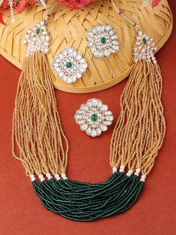 Zaveri Pearls - Set Of 3 Yellow Green Beaded Bridal Necklace Earring & Ring Set-ZPFK14843