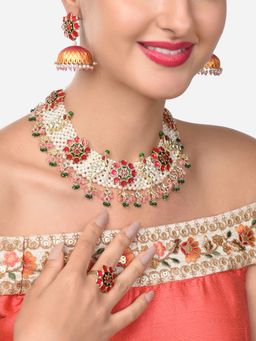 Zaveri Pearls - Set Of 3 Pink Green Kundan Parrot Pearl Necklace Earring and Ring Set-ZPFK14844
