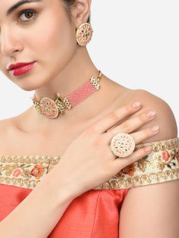 Zaveri Pearls - Set Of 3 Pink Meenakari Crystal Woven Choker Necklace Earring and Ring Set-ZPFK15089