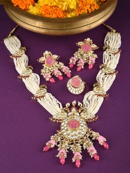 Zaveri Pearls - Set Of 3 Pink Peacock Pearls Kundan Necklace Earring and Ring Set-ZPFK15091