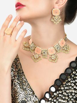 Zaveri Pearls - Set Of 3 Peach Green Stones Kundan Choker Necklace Earring and Ring Set-ZPFK15093