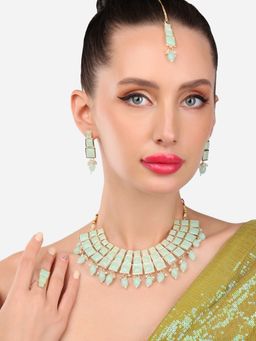 Zaveri Pearls - Green Stones & Beads Ethnic Necklace Earring Maangtikka & Ring (Set Of 4)