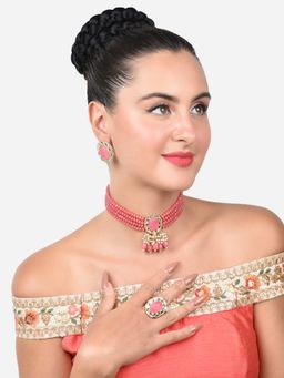 Zaveri Pearls - Pink Stones Multistrand Choker Necklace Earring & Ring Set-ZPFK15148