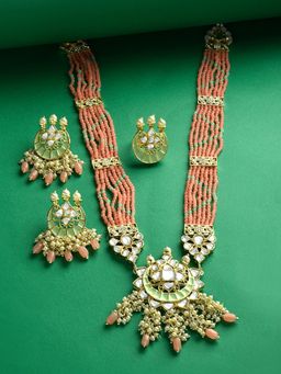 Zaveri Pearls - Green Meenakari Pink Multistrand Necklace Earring & Ring Set-ZPFK15151