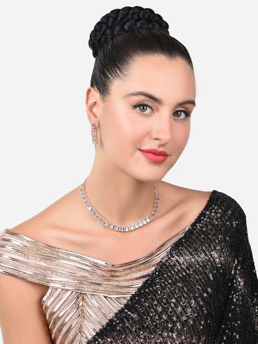 Zaveri Pearls Rose Gold Cubic Zirconia Baguette Necklace & Earring Set-ZPFK15166