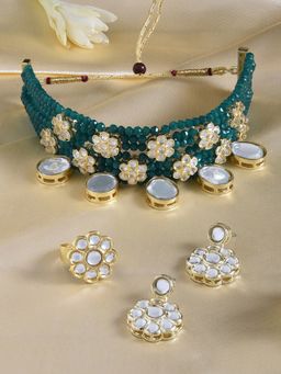 Zaveri Pearls - Green Multistrand Kundan Flowers Necklace Earring & Ring Set-ZPFK15194