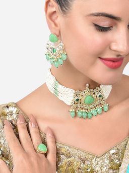 Zaveri Pearls - Green Multistrand Kundan Choker Necklace Earring & Ring Set-ZPFK15195