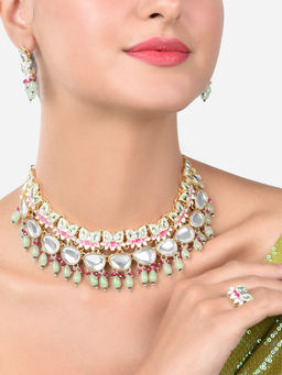 Zaveri Pearls - Green & Pink Enamel Lotus Kundan Necklace Earring & Ring Set-ZPFK15197