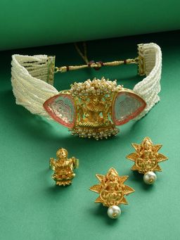 Zaveri Pearls - Pink Laxmi Temple Multistrand Necklace Earring Ring Set-ZPFK15199