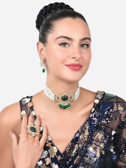 Zaveri Pearls - Green Stones Multistrand Choker Necklace Earring Ring Set-ZPFK15201