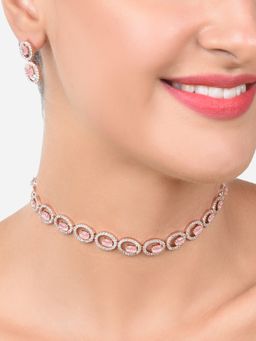 Zaveri Pearls - Rose Gold Cubic Zirconia Bling Necklace & Earring Set-ZPFK15213