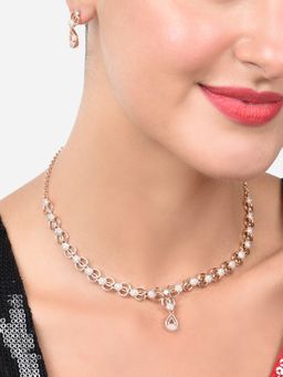 Zaveri Pearls - Rose Gold Cubic Zirconia Bling Necklace & Earring Set-ZPFK15217