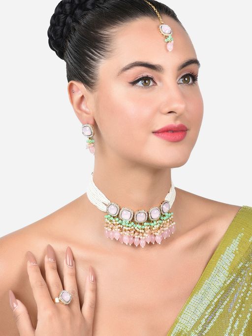 Zaveri Pearls Green Pink Multistrand Necklace Earring Ring Maangtikka Set-ZPFK15222