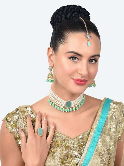 Zaveri Pearls Green Multistrand Necklace Earring Ring & Maangtikka Set-ZPFK15353