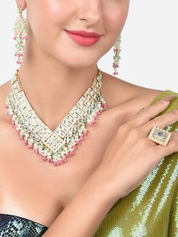 Zaveri Pearls - Green Pink Cluster Beads Kundan Necklace Earring & Ring Set-ZPFK15357