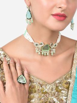 Zaveri Pearls - Green Peacock Multistrand Choker Necklace Earring & Ring Set-ZPFK15359