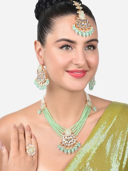 Zaveri Pearls - Green Multistrand Kundan Necklace Earring Ring Maangtikka Set-ZPFK15363