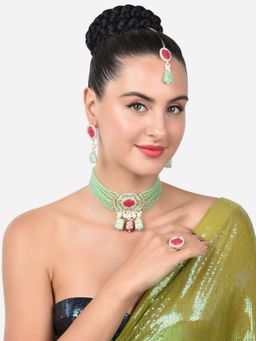 Zaveri Pearls - Pink Green Enamel Necklace Earring Ring Maangtikka Set-ZPFK15371