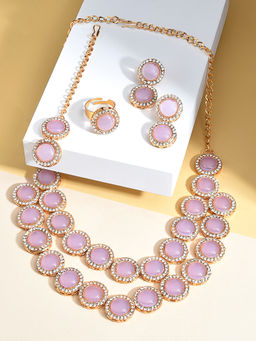 Zaveri Pearls - Pink Stones Layer Necklace Earring Ring & Maangtikka Set-ZPFK15410