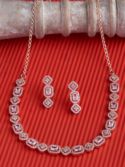 Zaveri Pearls Rose Gold Cubic Zirconia Bling Sleek Necklace & Earring Set-ZPFK15257
