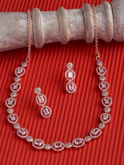 Zaveri Pearls - Rose Gold Cubic Zirconia Bling Sleek Necklace & Earring Set-ZPFK15259