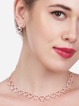 Zaveri Pearls - Rose Gold Heart Bling Cubic Zirconia Necklace & Earring Set-ZPFK15261