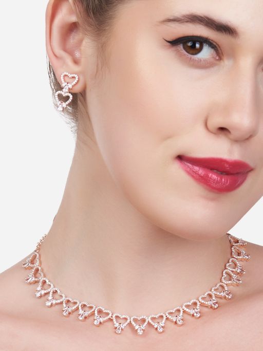 Zaveri Pearls Rose Gold Heart Bling Cubic Zirconia Necklace & Earring Set-ZPFK15261