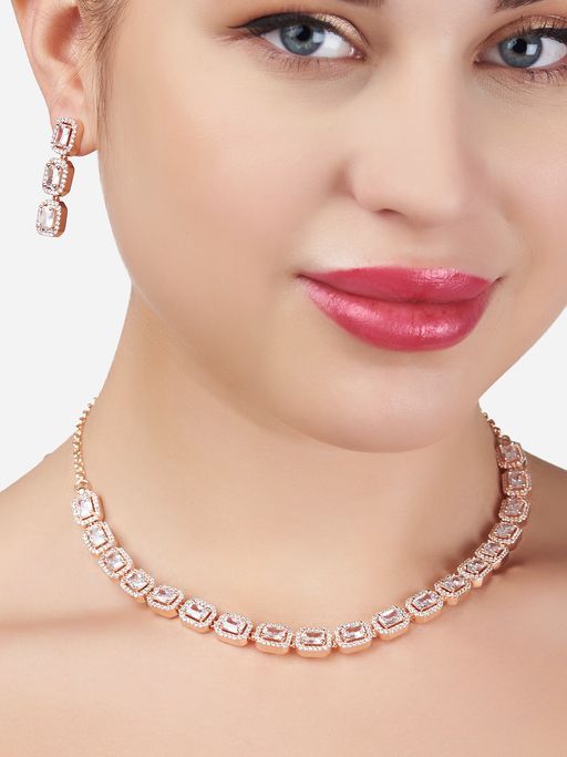 Zaveri Pearls Rose Gold Cubic Zirconia Bling Sleek Necklace & Earring Set-ZPFK15263