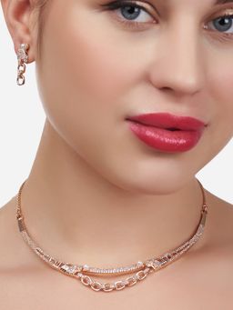Zaveri Pearls - Rose Gold Cubic Zirconia Party Bling Necklace & Earring Set-ZPFK15272