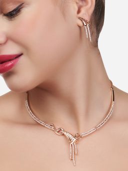 Zaveri Pearls - Rose Gold Cubic Zirconia Party Bling Necklace & Earring Set-ZPFK15276