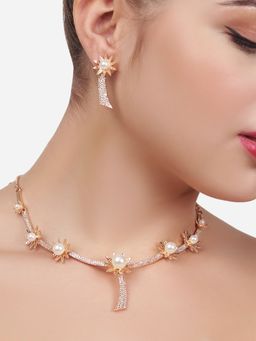Zaveri Pearls - Rose Gold Cubic Zirconia Party Bling Necklace & Earring Set-ZPFK15278