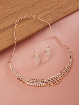 Zaveri Pearls - Rose Gold Cubic Zirconia Party Bling Necklace & Earring Set-ZPFK15279