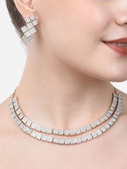 Zaveri Pearls - Rose Gold Cubic Zirconia 2 Layers Square Necklace Earring Set-ZPFK15298
