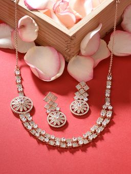 Zaveri Pearls - Rose Gold 2 Layers Cubic Zirconia Fusion Necklace Earring Set-ZPFK15300