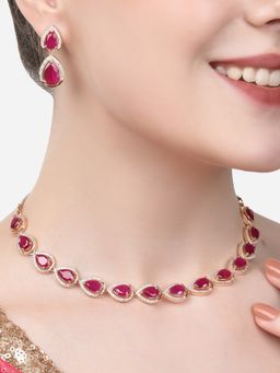 Zaveri Pearls - Pink Cubic Zirconia TearDrop Brass Necklace & Earring Set-ZPFK15301