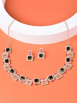 Zaveri Pearls - Pink & Green Cubic Zirconia Square Shape Necklace Earring Set-ZPFK15303