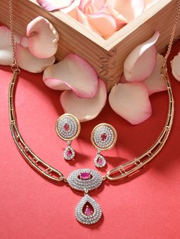 Zaveri Pearls - Rose Gold Cubic Zirconia & Pink Stones Necklace & Earring Set-ZPFK15304
