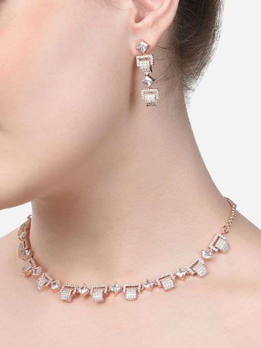 Zaveri Pearls Rose Gold Dazzling cubic Zirconia Necklace & Earring Set-ZPFK15308