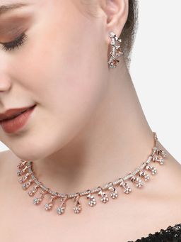 Zaveri Pearls - Rose Gold Cubic Zirconia Floral Necklace & Earring Set-ZPFK15309