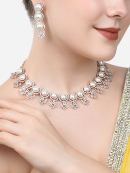Zaveri Pearls - Rose Gold Bling Cubic Zirconia & Pearls Necklace Earring Set-ZPFK15311