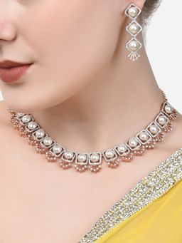 Zaveri Pearls - Rose Gold Bling Cubic Zirconia & Pearls Necklace Earring Set-ZPFK15312