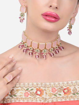 Zaveri Pearls - Pink Green Stones Beads Kundan Necklace Earring & Ring Set-ZPFK15446