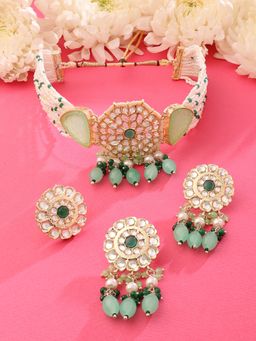 Zaveri Pearls - Green Stones Beads Multistrand Necklace Earring & Ring Set-ZPFK15447