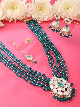 Zaveri Pearls - Green Color Multistrand Necklace Earring Maangtikka Ring Set-ZPFK15450
