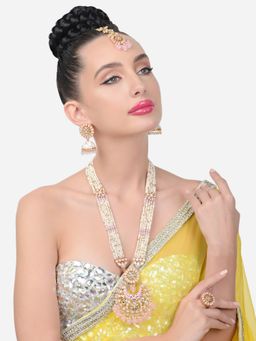 Zaveri Pearls - Pink White Meenakari Necklace Earring Maangtikka & Ring Set-ZPFK15454
