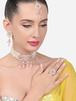 Zaveri Pearls - Pink Multistrand Choker Necklace Earring Maangtikka Ring Set-ZPFK15485