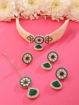 Zaveri Pearls - Green Multistrand Choker Necklace Earring Maangtikka Ring Set-ZPFK15568