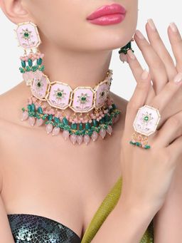 Zaveri Pearls - Pink Green Meenakari Kundan Choker Necklace Earring Ring Set-ZPFK15623