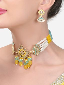 Zaveri Pearls - Turquoise Yellow Crystal Choker Necklace & Earring Set-ZPFK15642